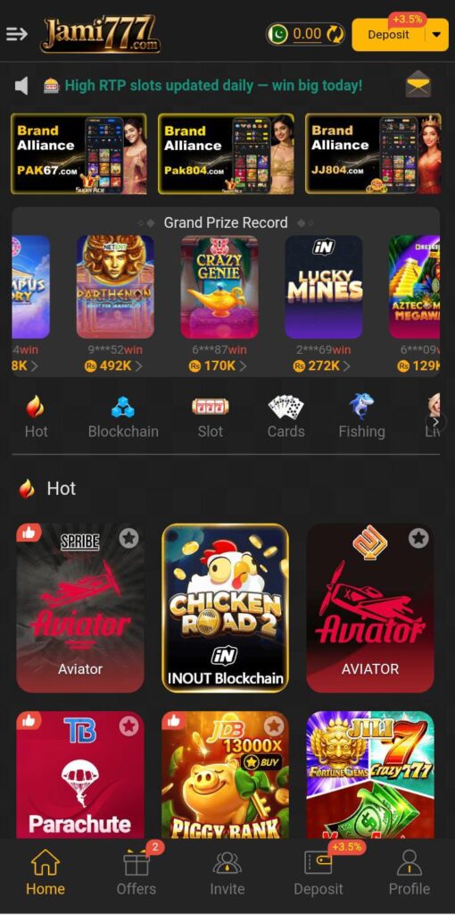 Jami777 Game APK interface showing multiple games and options on mobile screen